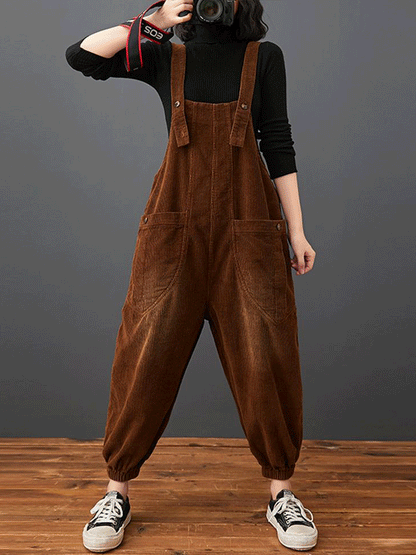 Cotton Corduroy Dungarees - Relaxed Barrel Leg Overall Fit