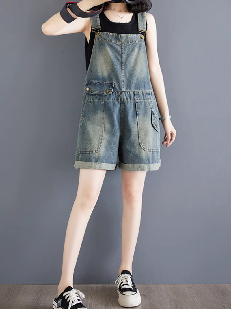 Trendy Women's High-Waist Baggy Denim Overalls Shorts | Eva Trends
