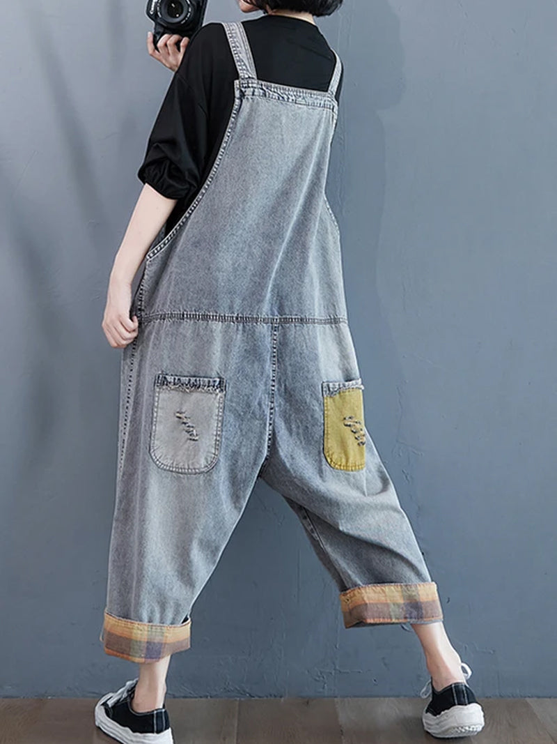 Cartoon Patch Denim Dungaree - Light Wash Relaxed Fit