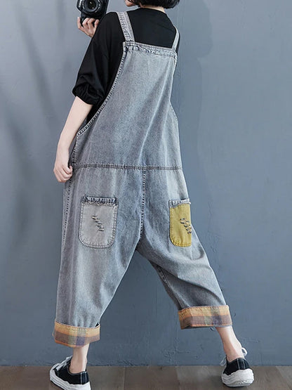 Cartoon Patch Denim Dungaree - Light Wash Relaxed Fit