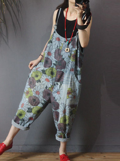 Vintage Floral Cotton Denim Dungarees - Patch Pocket Design