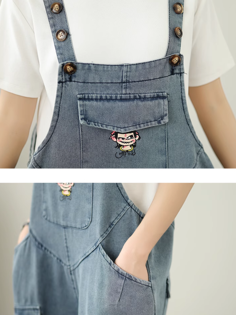 Trendy & Relaxed Cartoon Denim Dungarees for Women - Eva Trends
