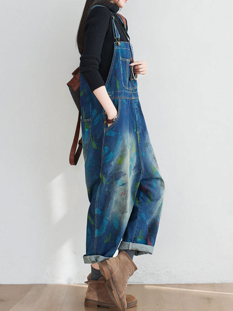 Painted Canvas Denim Dungarees - Relaxed Fit