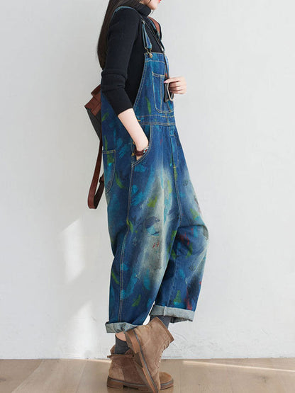 Painted Canvas Denim Dungarees - Relaxed Fit