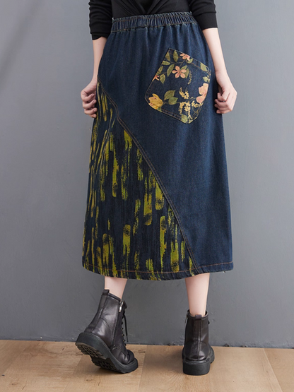 Women's Summer Comfy Printed Patchwork Denim Loose Bottom