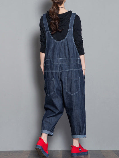 Loose Fit Button Front Denim Dungarees