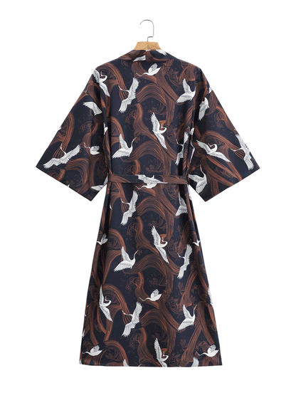 Crane Print With Birds Different Color Polyester Long Length Gown Kimono Duster Robe