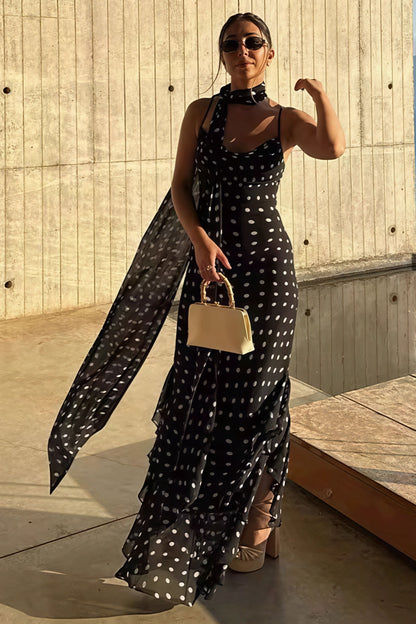 Polka Dot Ruffled Scarf Decor Maxi Dress