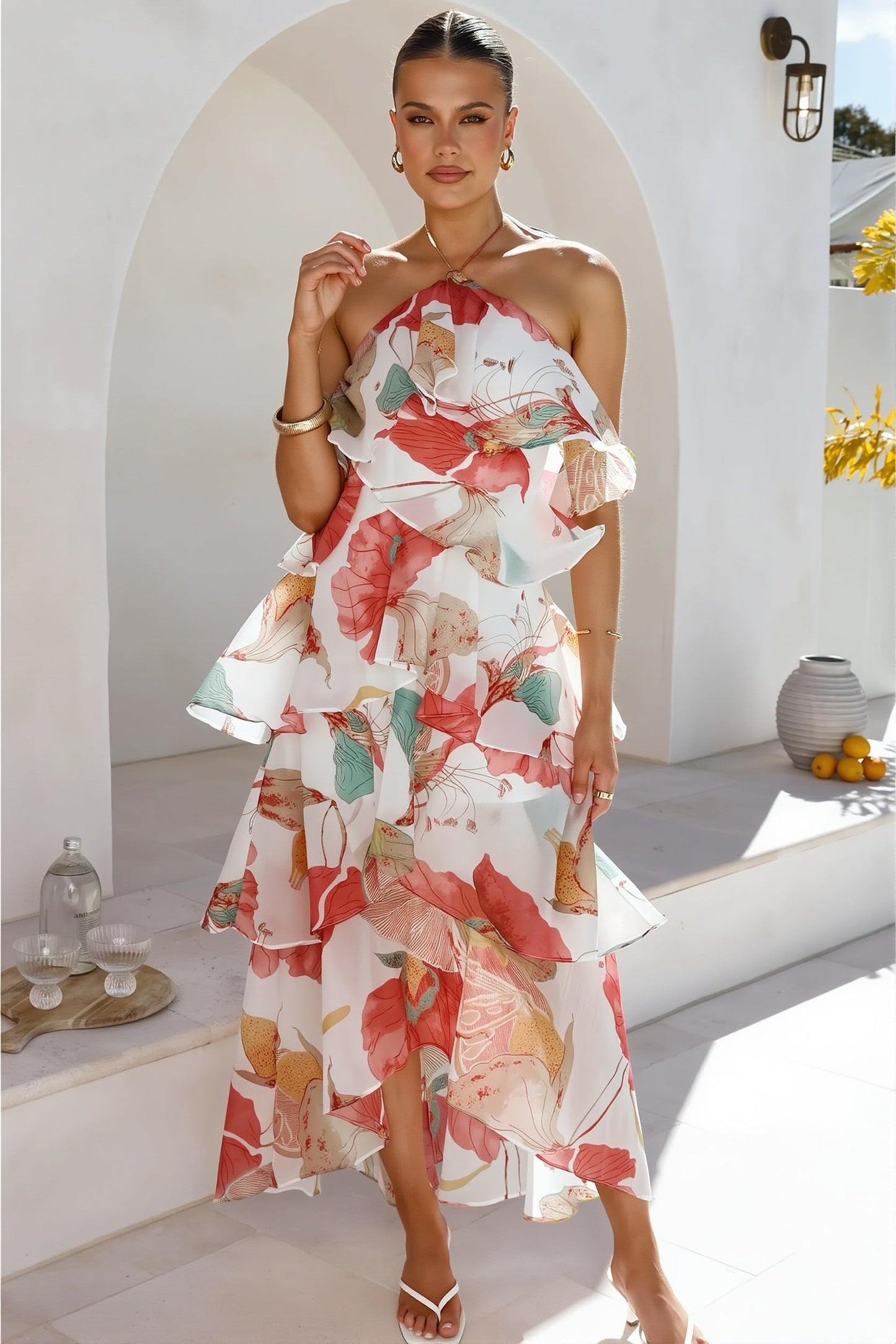 Tiered Ruffle Chiffon Print Maxi Dress