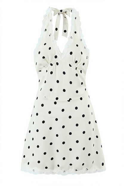 Polka Dot Lace Trim Halter V Neck Mini Dress