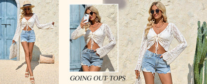 üåº Hollow Out Drawstring Flare Sleeve Cropped Top-Women Minimalist Knit Sweaterü™°