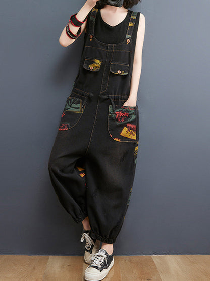 Balloon-Leg Denim Dungarees - Multi-Pocket Patch Print Design