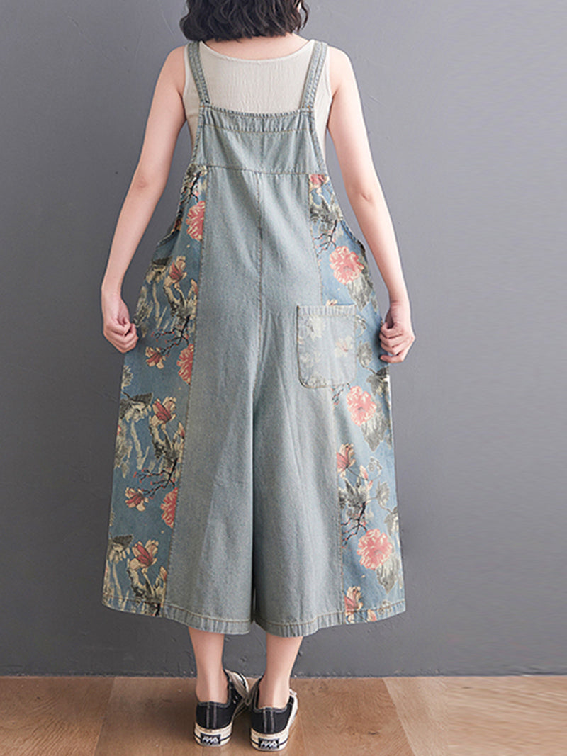 Wide-Leg Floral Denim Jumpsuit - Large Pocket Everyday Fit