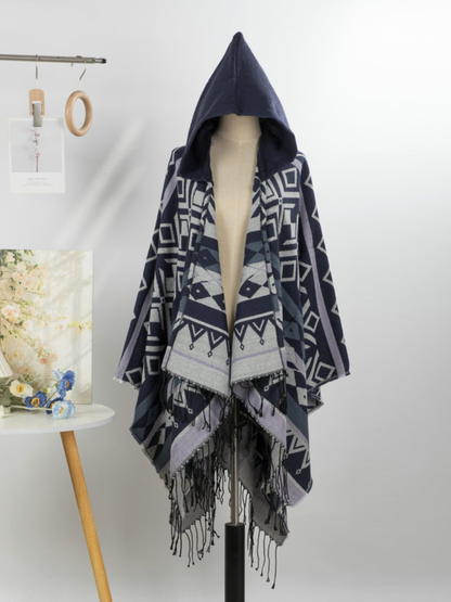 Cozy Weekend Hooded Poncho — Geometric Wrap with Effortless Fit