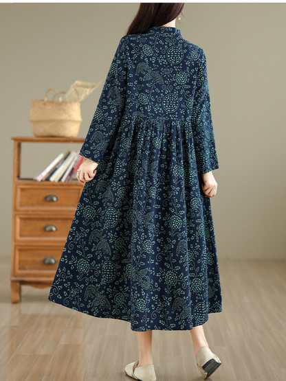 Artisanal Print Cotton Maxi Dress with Mandarin Collar and Long Sleeves