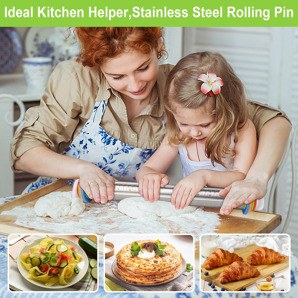 Dailyardtool¬Æ Adjustable Stainless Steel Rolling Pin with Thickness Rings