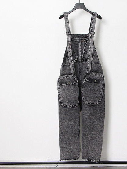 Women's Washed Grey Denim Utility Dungarees - Oversized Streetwear Overalls