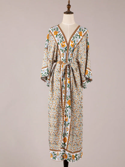 Beachwear Floral Cotton Kimono Beige Color Long Gown Robe Kimono Duster Robe