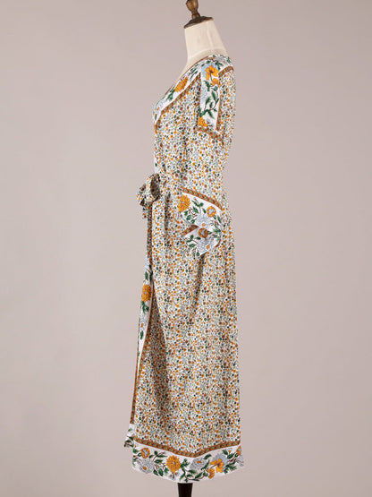Beachwear Floral Cotton Kimono Beige Color Long Gown Robe Kimono Duster Robe