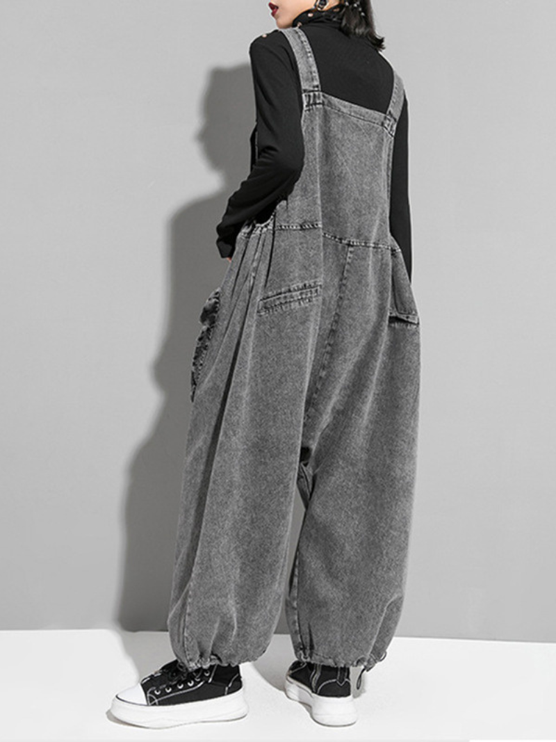 Women's Washed Grey Denim Utility Dungarees - Oversized Streetwear Overalls