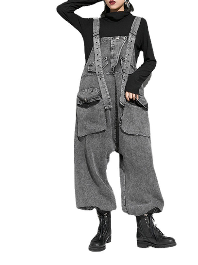 Women's Washed Grey Denim Utility Dungarees - Oversized Streetwear Overalls
