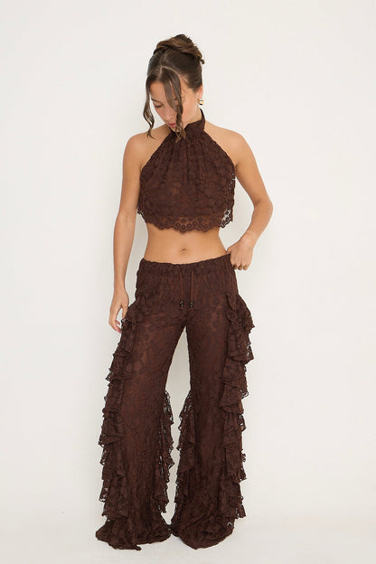 Sydney Lace Ruffle Trousers | Brown