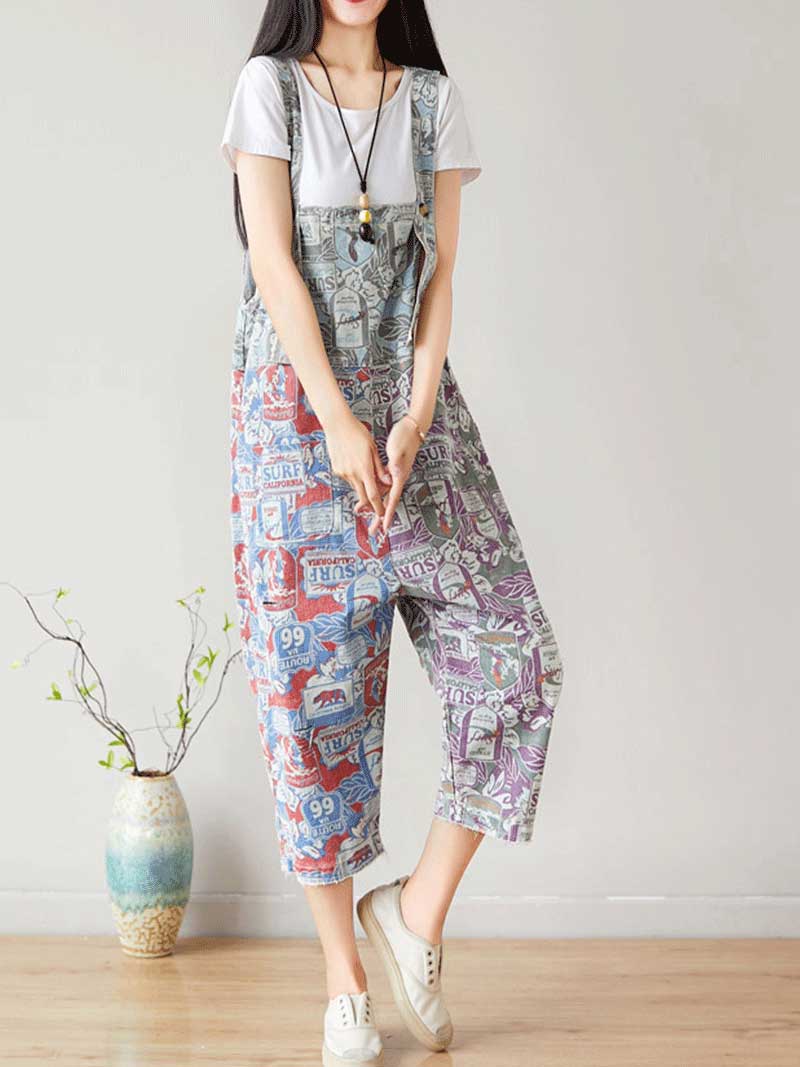 Surf Graphic Denim Dungarees with Adjustable Straps
