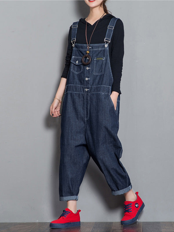 Loose Fit Button Front Denim Dungarees