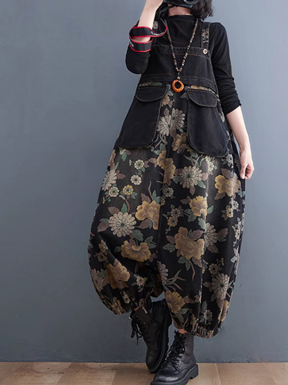 Casual Black Floral Print Women's Overalls with Side Pockets