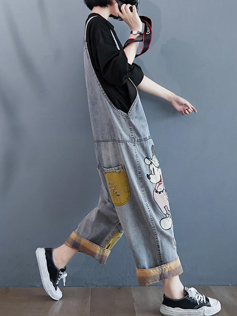 Cartoon Patch Denim Dungaree - Light Wash Relaxed Fit