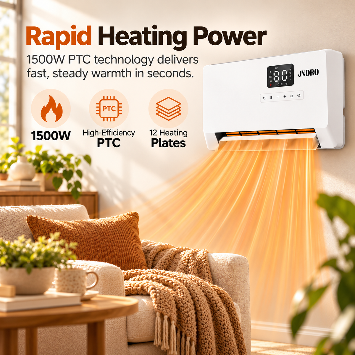 Smart Wall Heater, 1500W Fast Heating Electric Space Heater for Indoor Use