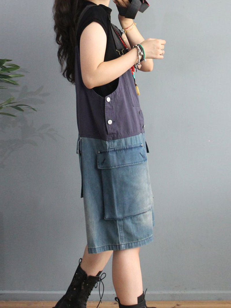 Cargo Pocket Short Dungaress - Color Block Knee-Length Fit