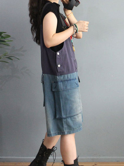 Cargo Pocket Short Dungaress - Color Block Knee-Length Fit