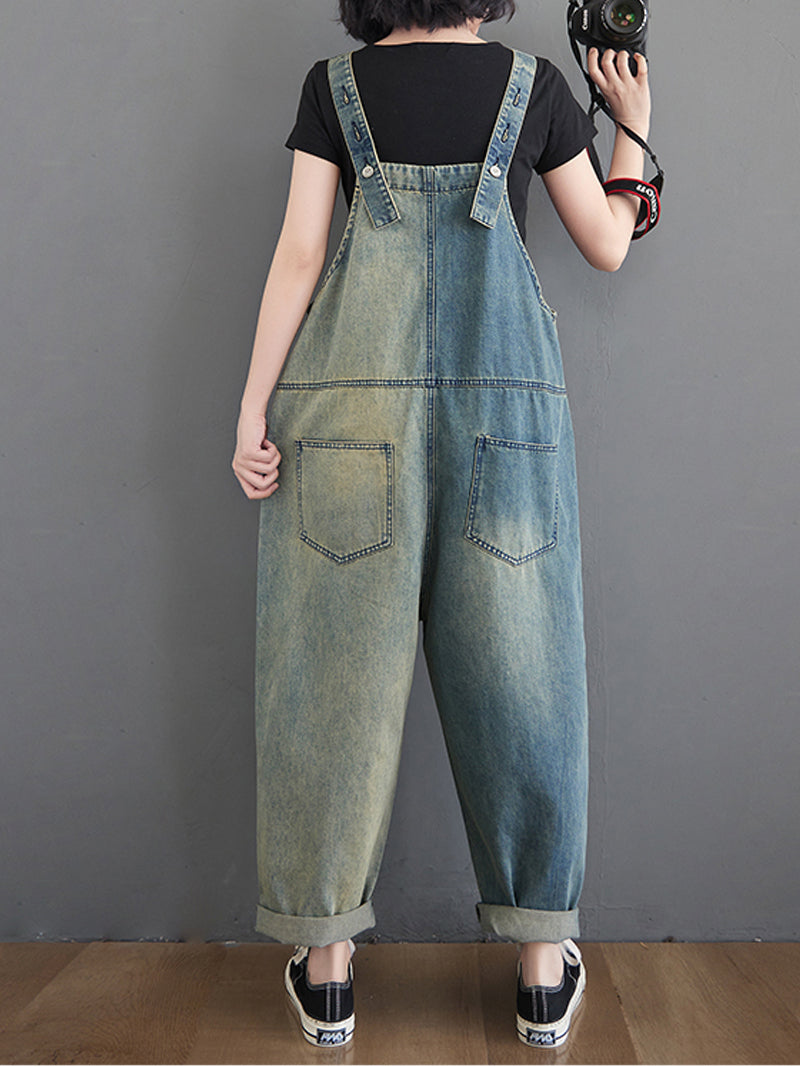 Vintage Wash Denim Dungarees - Artisan Patch Detail