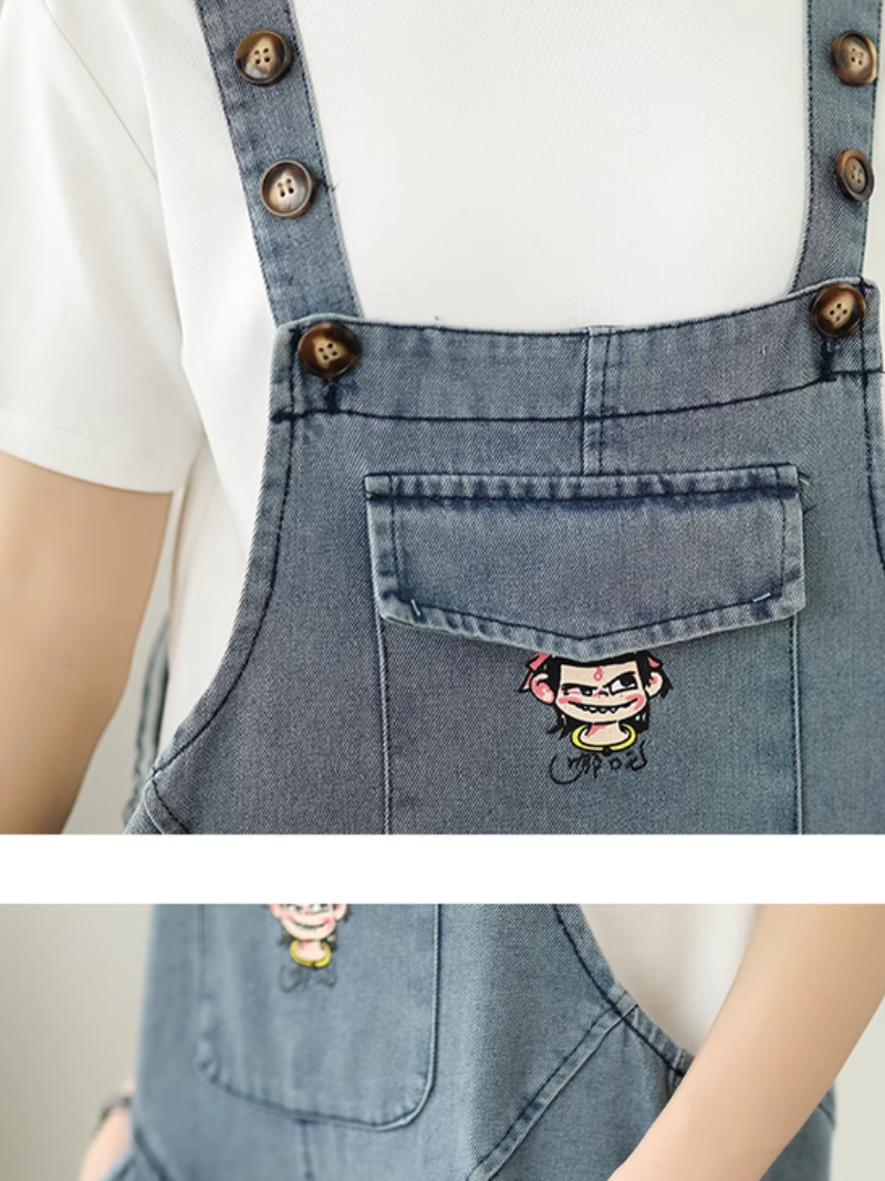 Trendy & Relaxed Cartoon Denim Dungarees for Women - Eva Trends