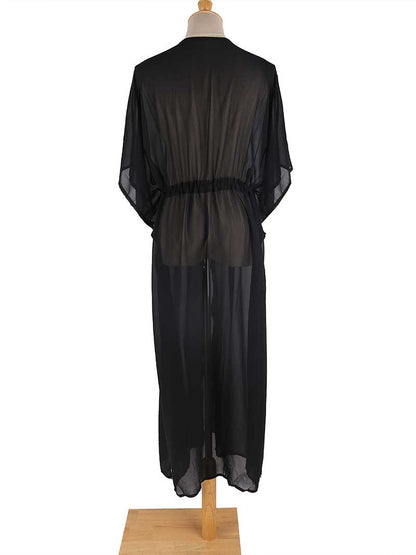 Partywear Embroidered Black Color Chiffon Long Length Gown Kimono Duster Robe
