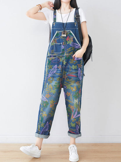 Hand-Painted Botanical Dungarees - Dropped Crotch Tapered Fit