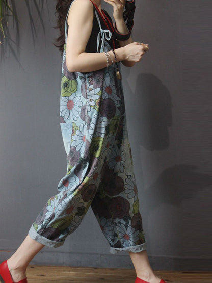 Vintage Floral Cotton Denim Dungarees - Patch Pocket Design