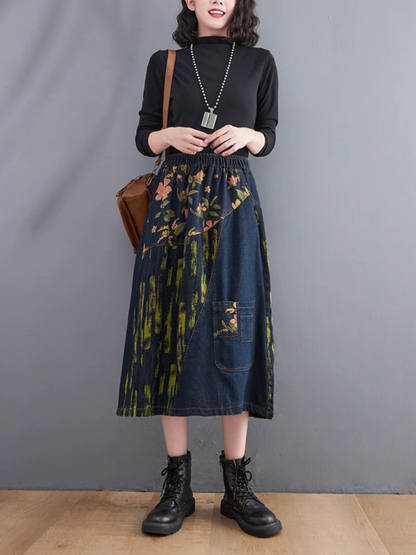 Women's Summer Comfy Printed Patchwork Denim Loose Bottom