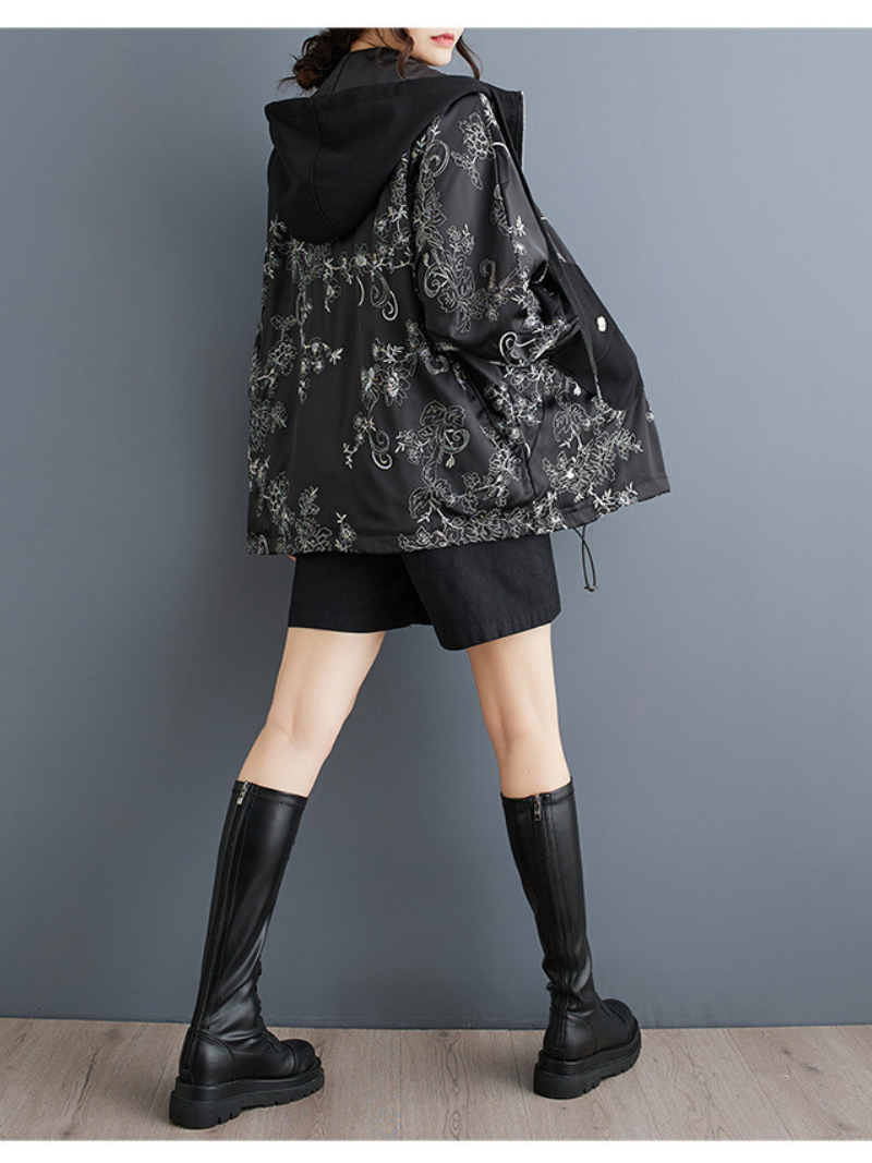 Women's Stylish & Trendy Hooded Embroidery Black Jacket