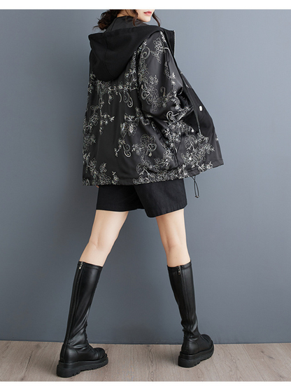 Women's Stylish & Trendy Hooded Embroidery Black Jacket