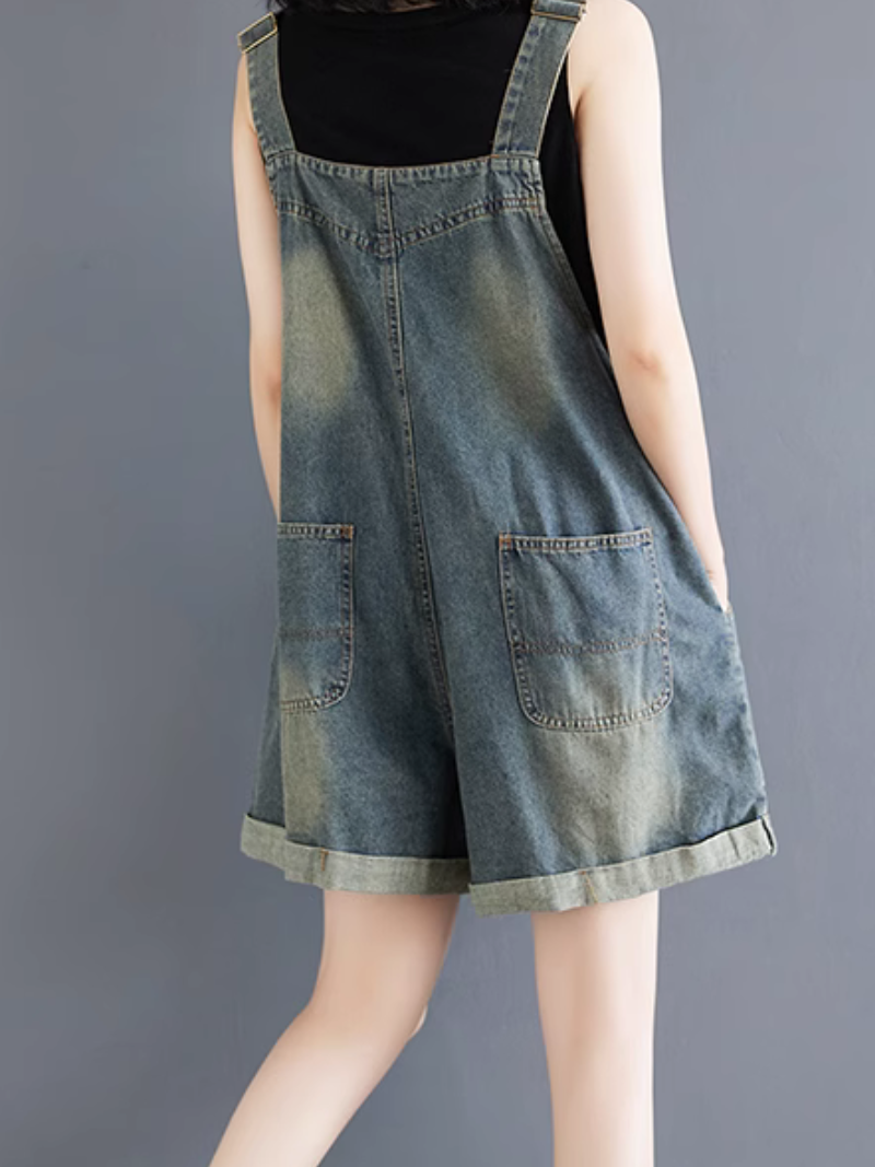 Trendy Women's High-Waist Baggy Denim Overalls Shorts | Eva Trends