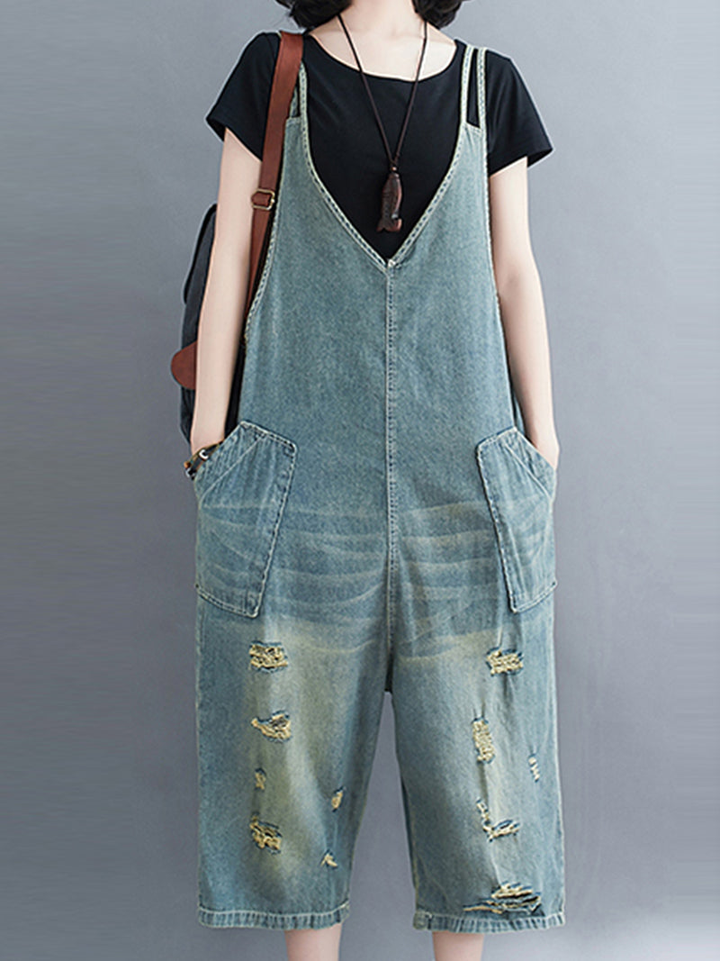 Distressed Denim Romper Dungarees - Large Patch Pocket Design
