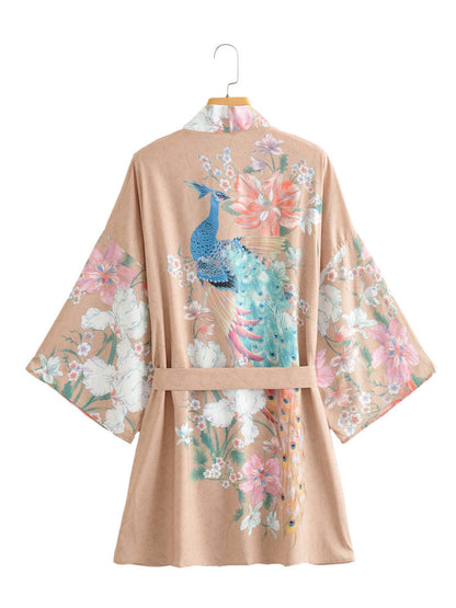 Short Length Floral + Peacock Print Khaki Color Polyester Gown Kimono Duster Robe