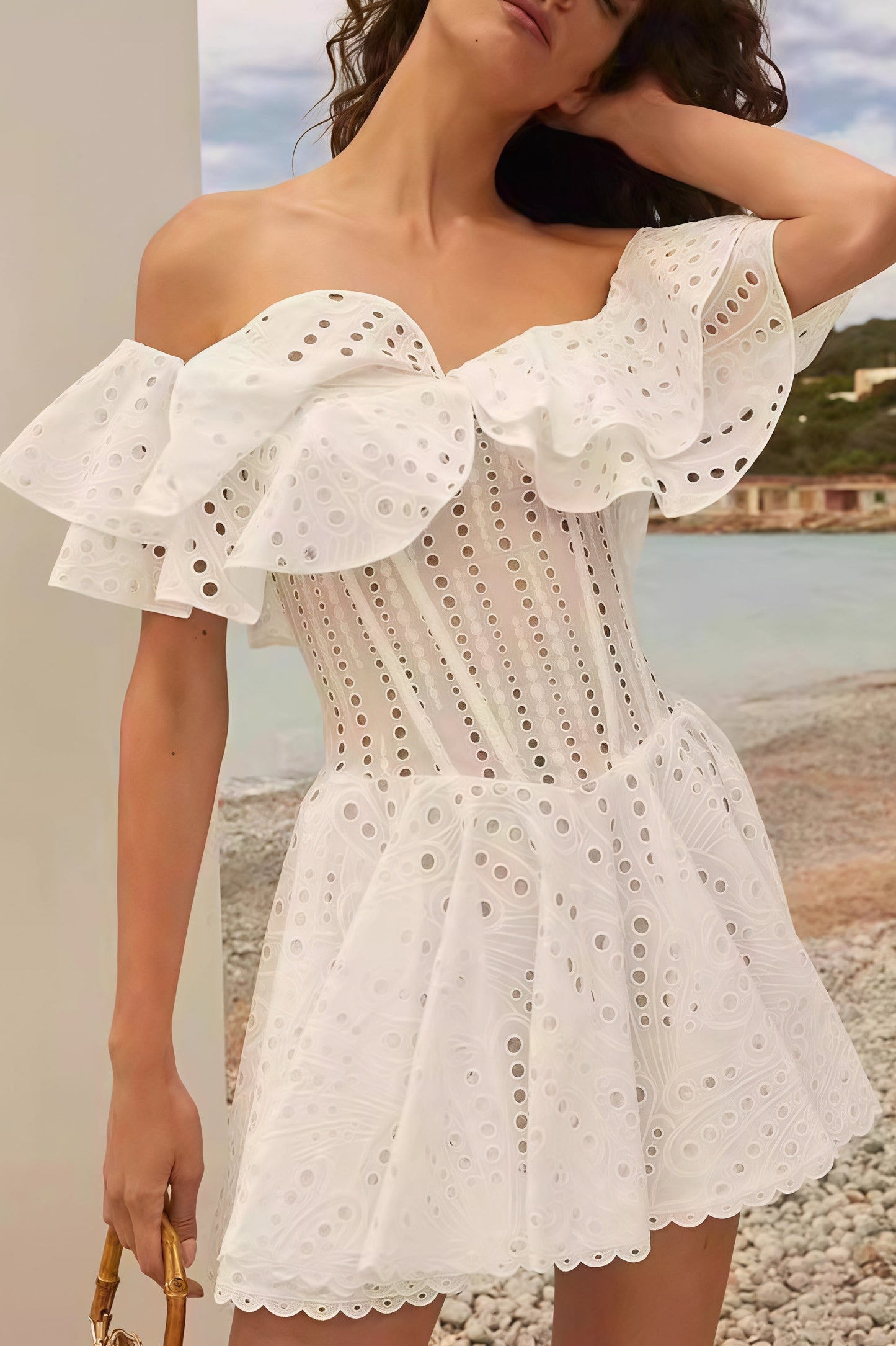 Elegant Designer Embroidery Hollow Out Cutout Waist Cinched Mini Dress