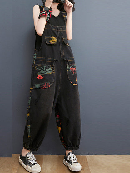 Balloon-Leg Denim Dungarees - Multi-Pocket Patch Print Design