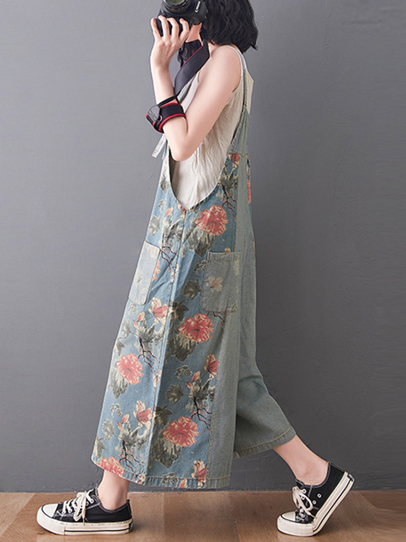 Wide-Leg Floral Denim Jumpsuit - Large Pocket Everyday Fit
