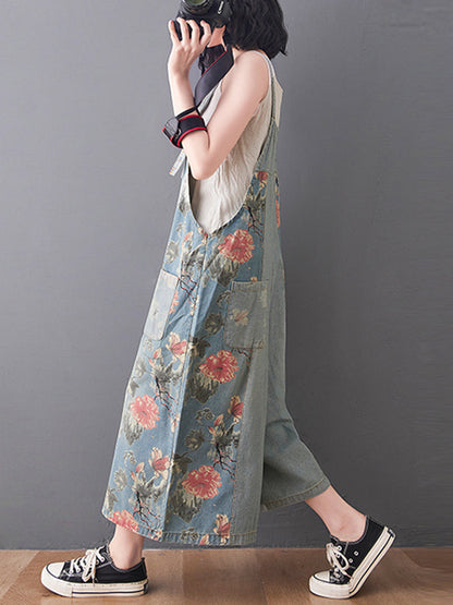 Wide-Leg Floral Denim Jumpsuit - Large Pocket Everyday Fit
