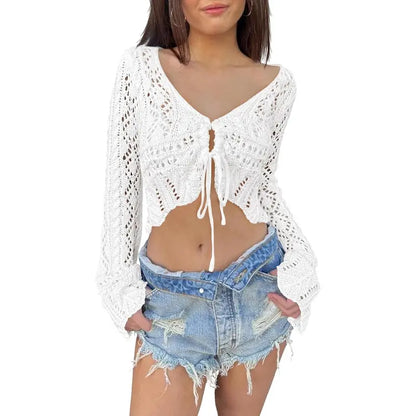 üåº Hollow Out Drawstring Flare Sleeve Cropped Top-Women Minimalist Knit Sweaterü™°