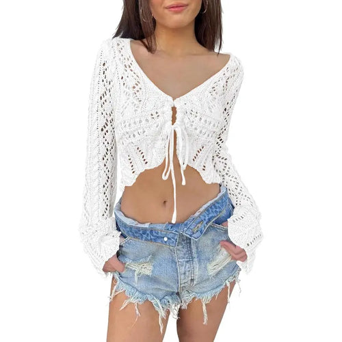 üåº Hollow Out Drawstring Flare Sleeve Cropped Top-Women Minimalist Knit Sweaterü™°